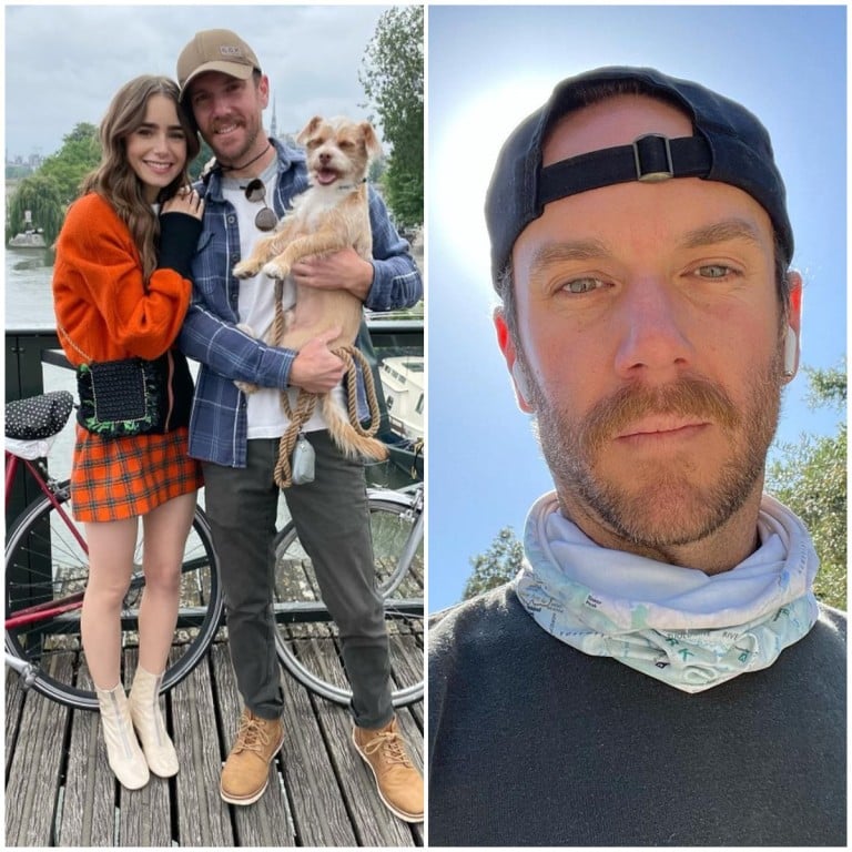Charlie McDowell with his wife Lily Collins and their dog; Charlie McDowell in a recent Instagram post. Photos: @charliemcdowell/Instagram