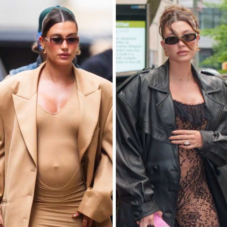 Hailey Bieber has kept up the tradition of stylish celebrity maternity wear in recent months, wearing looks from YSL to Jacquemus. Photos: Getty Images