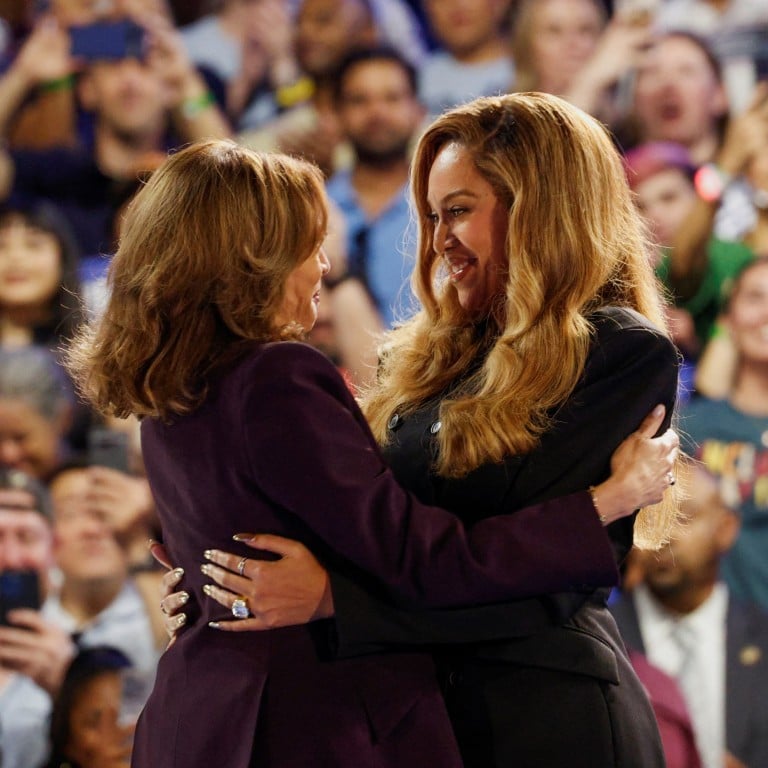 Singer Beyonce embraces Democratic presidential nominee Kamala Harris at a campaign rally in Houston, Texas. Photo: Reuters