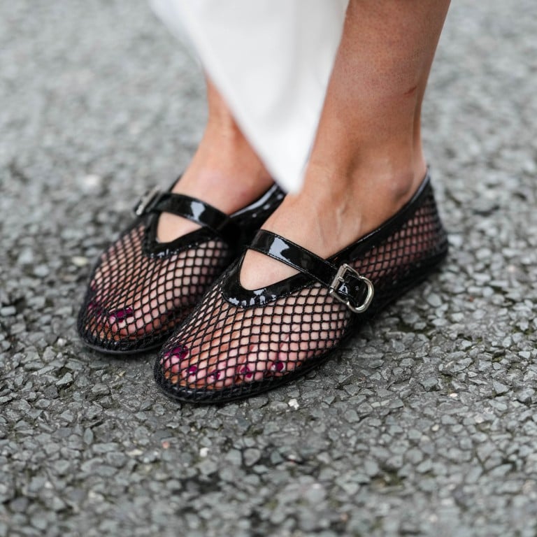 Virginie Conte wears black mesh Alaïa ballerina shoes during a street style fashion photo session, in October, in Paris, France. Photo: Getty Images