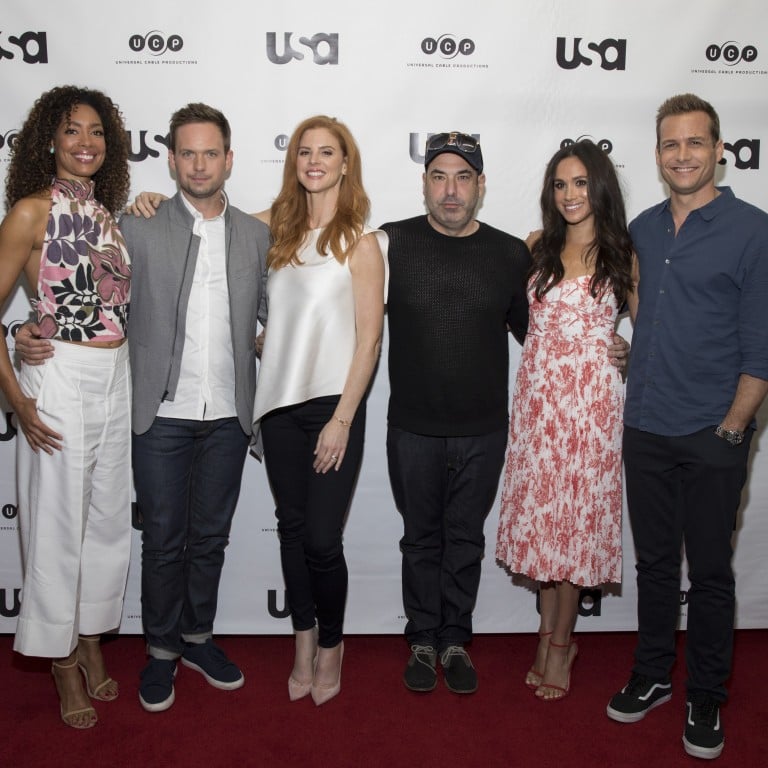 Where is the cast of Suits nows? (From left) Gina Torres, Patrick J. Adams, Sarah Rafferty, Rick Hoffman, Meghan Markle and Gabriel Macht, pictured in June 2017. Photo: Getty Images