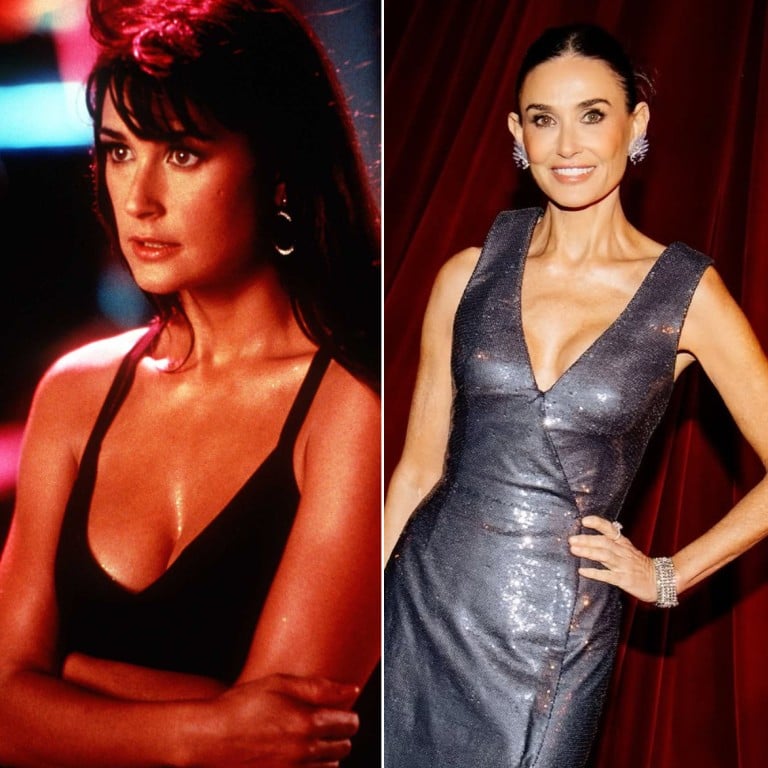 Demi Moore in the 1996 film Striptease (L), and attending the 2024 Academy Museum Gala (R). Photo: @demimoore/Instagram