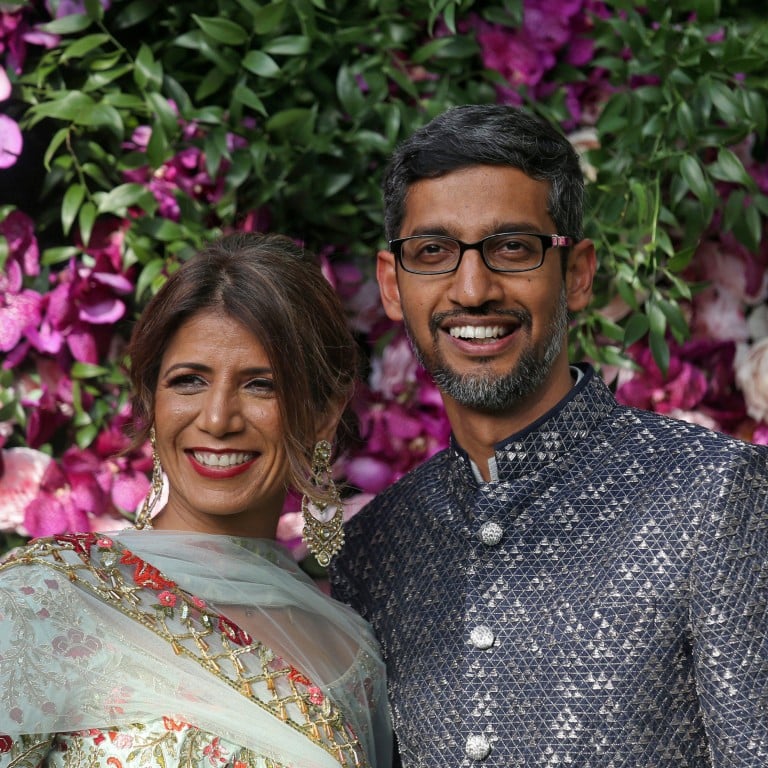 Google CEO Sundar Pichai and his wife Anjali Pichai pose at the wedding of Akash Ambani and Shloka Mehta in Mumbai, India in March 9, 2019. Photo: Reuters