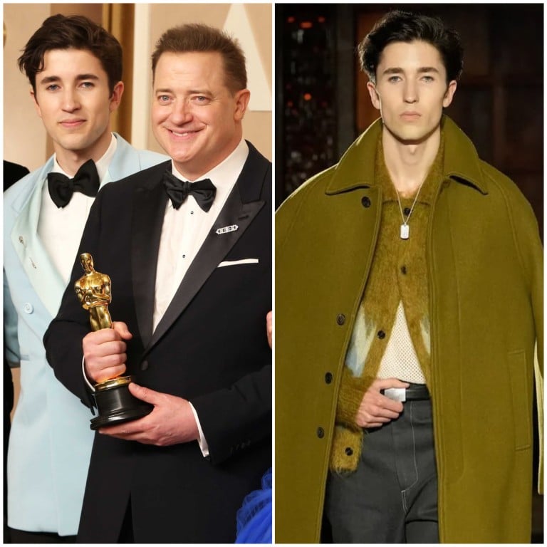 Hollywood actor Brendan Fraser’s son Holden Fraser is carving out a career in modelling. Photos: Getty Images, @holden__fraser/Instagram