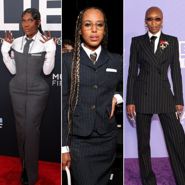(From left) Doechii, Kerry Washington and Cynthia Erivo all rocked pinstripe-led power outfits on recent red carpets, showing how the once staid men’s boardroom staple has attained the status of high fashion. Photos: Reuters, Handout, Getty Images via AFP