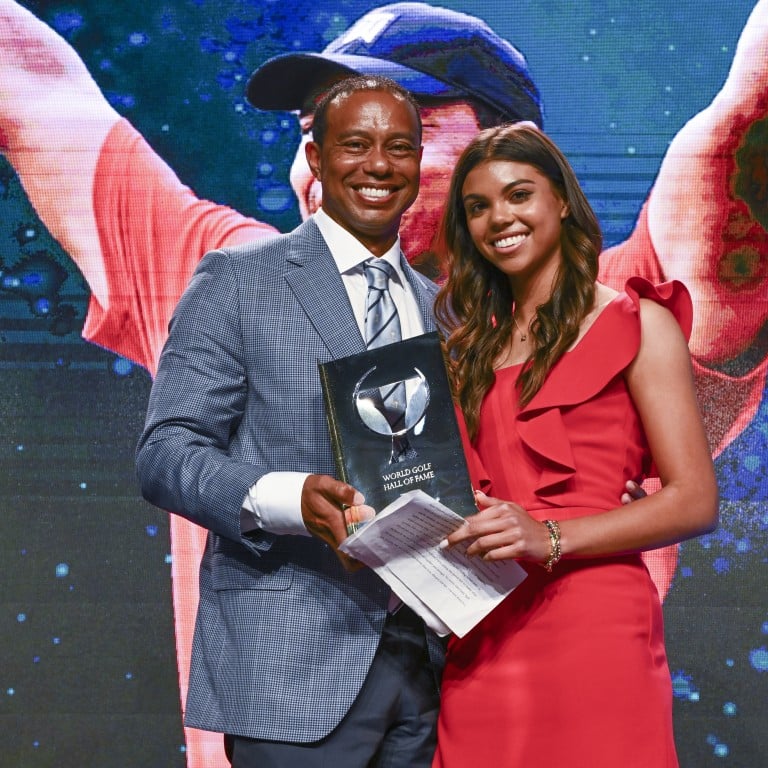 Tiger Woods and daughter Sam Woods onstage during his World Golf Hall of Fame induction in 2022. Photo: Getty Images
