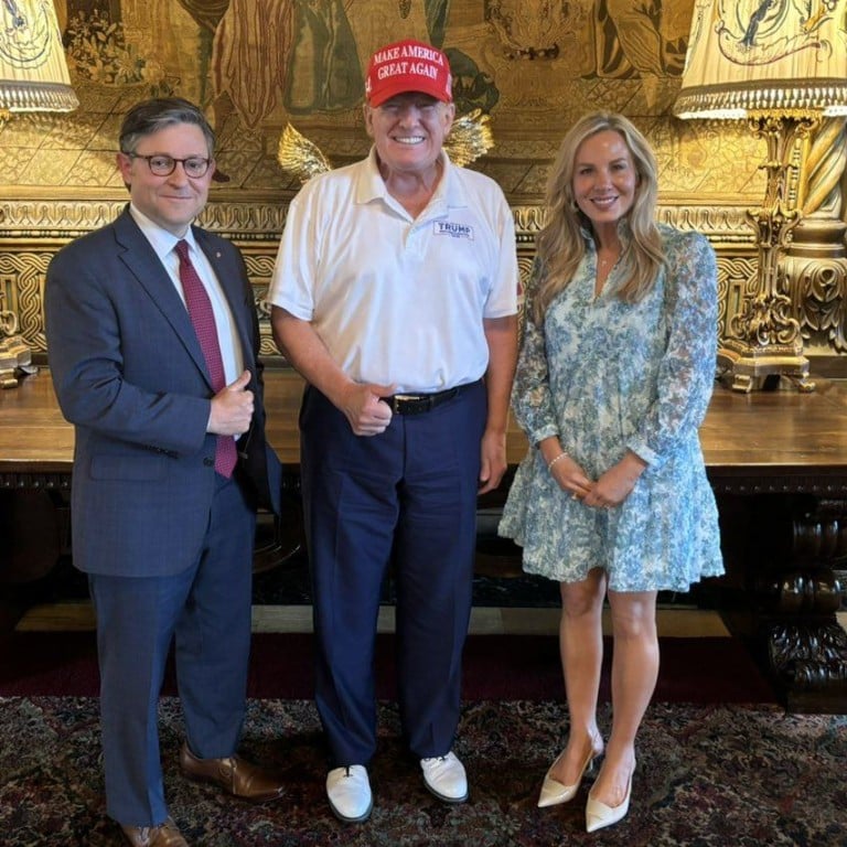 Meet House Speaker Mike Johnson’s teacher and pastor wife, Kelly Johnson, pictured here with Donald Trump. Photo: @SpeakerJohnson/X