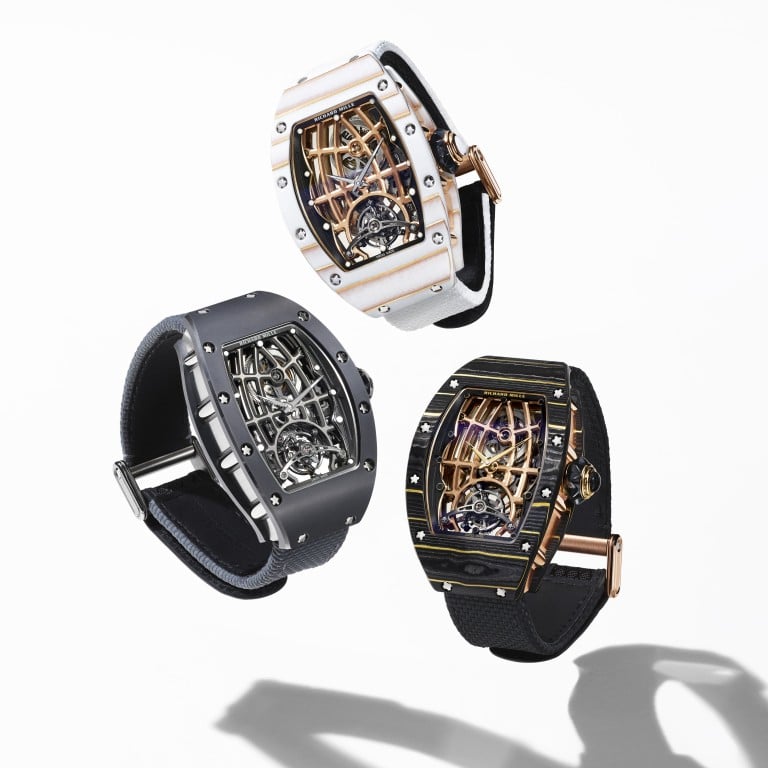 Richard Mille’s RM 74-02 has a case made with Gold Quartz TPT or Gold Carbon TPT for a unique and eye-catching striated effect – both seen here with their predecessor, the RM 74-01. Photo: Handout