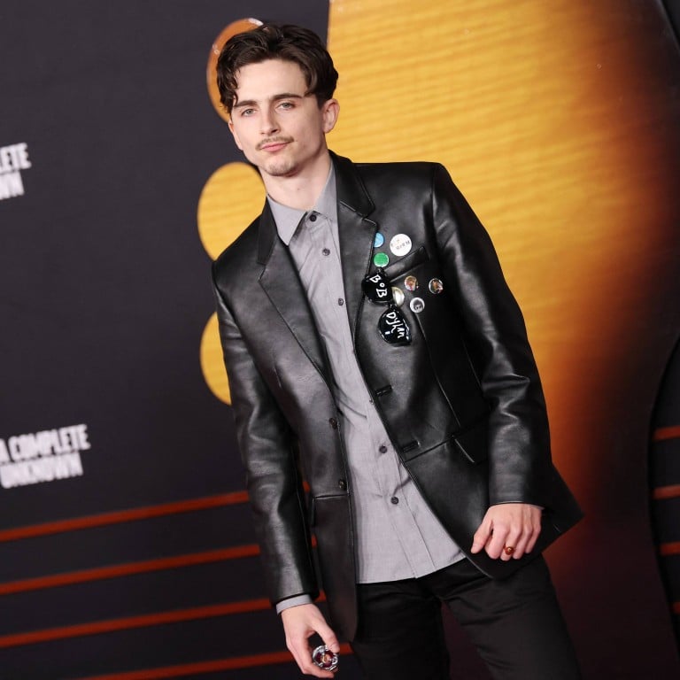 Actor Timothée Chalamet, sporting a variety of lapel pins, arrives for the premiere of the Bob Dylan biopic A Complete Unknown at the Dolby Theatre in Hollywood. Photo: AFP