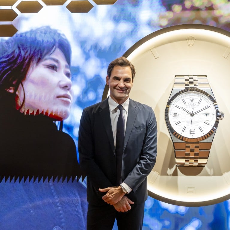 Swiss tennis legend Roger Federer at the Rolex stand during the opening day of the Watches and Wonders fair, in Geneva, on April 1. Photo: EPA-EFE
