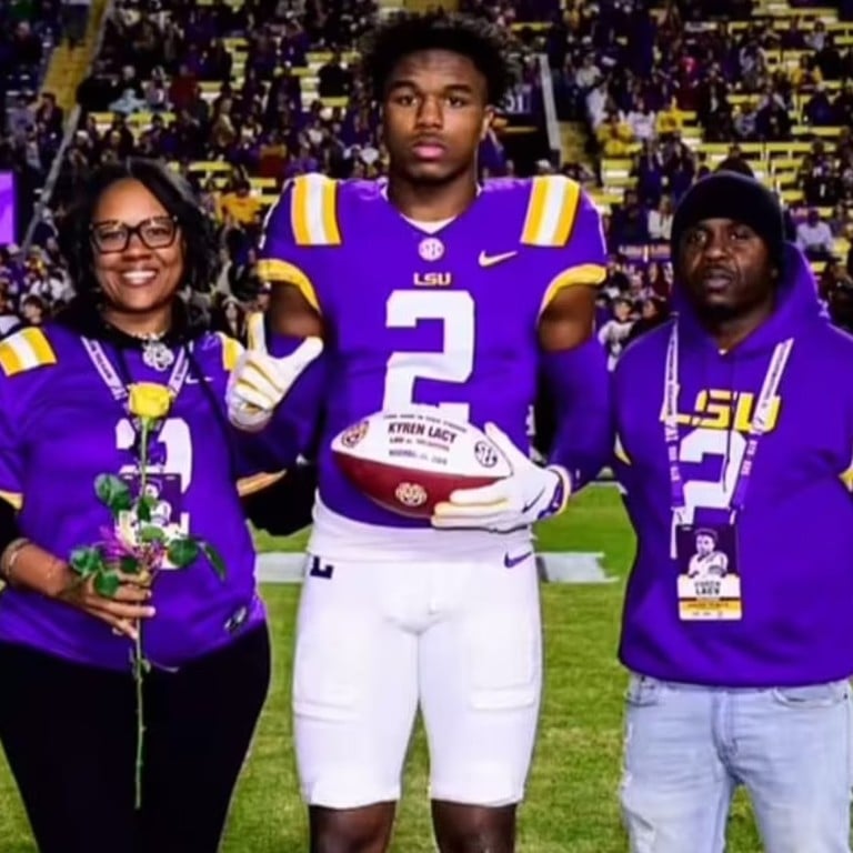 Kyren Lacy’s parents, Kenny Lacy and Kandace Washington, are mourning the death of their son, and encouraging parents to check on their children’s mental health. Photo: @lsufootball/Instagram