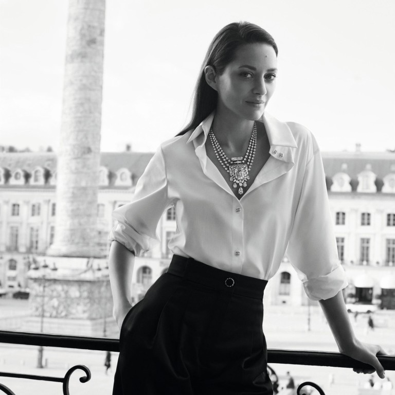 Marion Cotillard wearing the Chanel Collection N°5 55.55 necklace, showcasing a 55.55-carat diamond. Photo: Handout