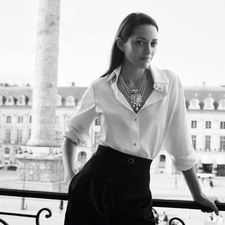 Marion Cotillard wearing the Chanel Collection N°5 55.55 necklace, showcasing a 55.55-carat diamond. Photo: Handout