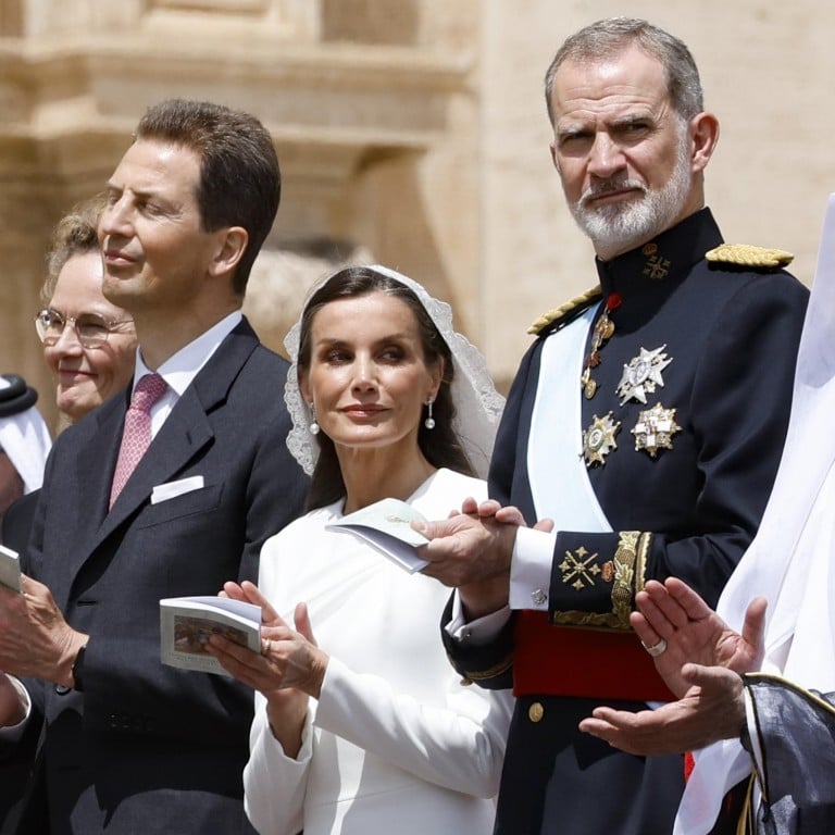 Spain’s Queen Letizia (centre) and King Felipe VI (second from right), and member of the UAE Supreme Council and Ruler of Ras Al Khaimah, Sheikh Saud bin Saqr al Qasimi (right), attend the inaugural mass of Pope Leo XIV on May 18. Photo: EPA-EFE