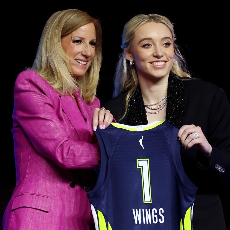 Paige Bueckers with WNBA Commissioner Cathy Engelbert after being selected with the first overall pick by the Dallas Wings during the 2025 WNBA Draft in New York in April. Photo: Getty Images via TNS