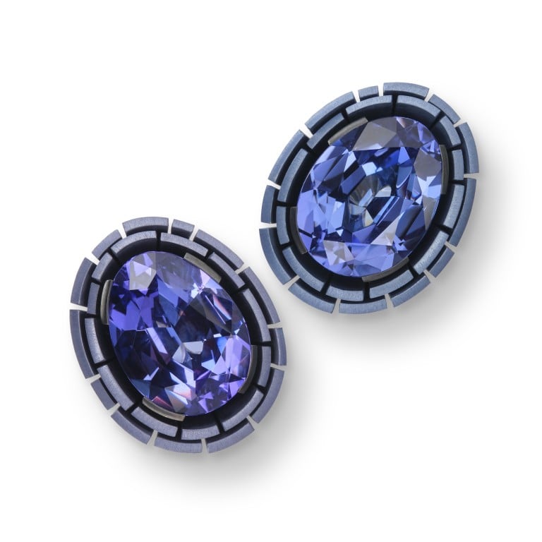 Hemmerle’s tanzanite and anodised aluminium earrings. Photo: Handout