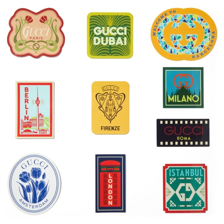 Let Gucci’s new suitcase stickers inspire you to search out fresh travel experiences in Los Angeles, Rome and Paris. Photo: Handout