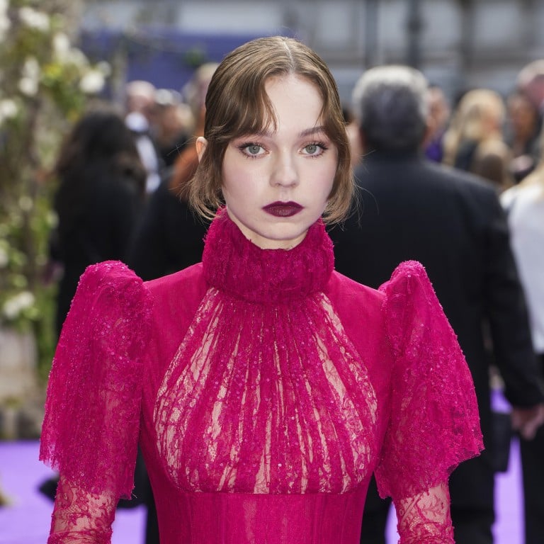Emma Myers channelling gothic chic at the London premiere of the second season of Netflix’s Wednesday on July 30. Photo: AP