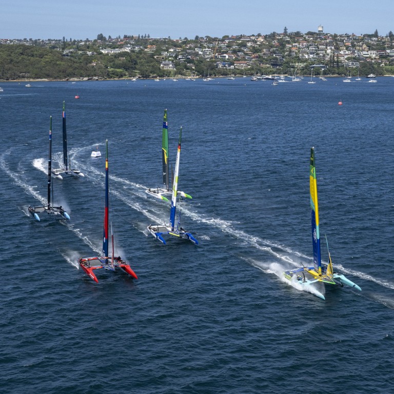 The international fleet of identical F50 catamarans warm up for the KPMG Australia Sail Grand Prix in Sydney in February, the third race in the Rolex SailGP Championship series. Photo: Handout