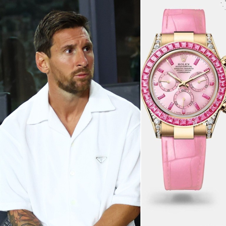 Lionel Messi boasts a flashy watch collection, including this limited edition “Barbie” Rolex Daytona. Photos: Getty Images, Handout