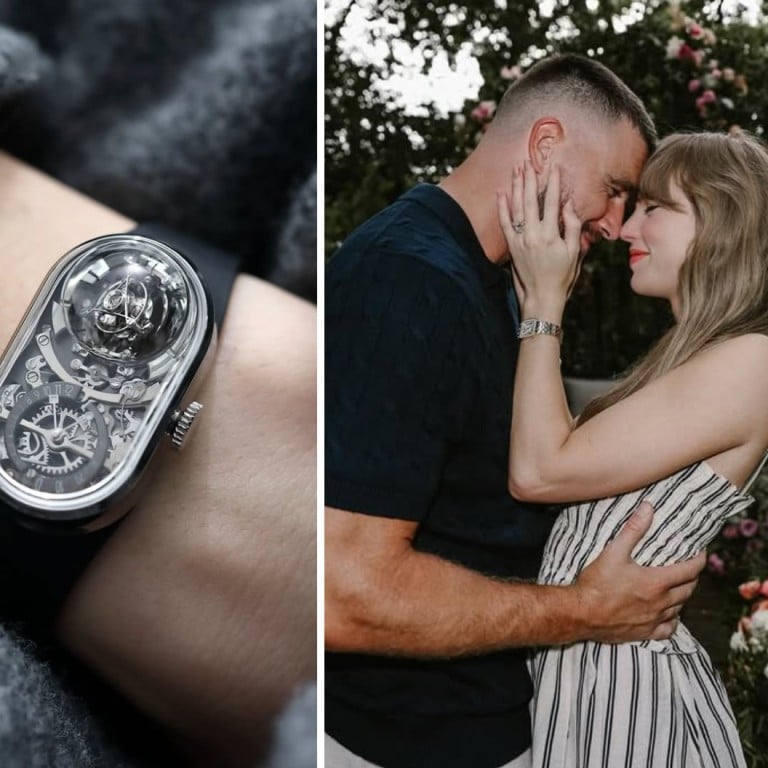 From left to right: Fam Al Hut’s Mobius is a semi-finalist for Louis Vuitton’s Watch Prize for Independent Creatives; Taylor Swift sports a Cartier Santos Demoiselle for her engagement to Travis Kelce; Atelier Wen releases their new Ancestra collection, featuring a hand hammered dial. Photos: Handout, @taylorswift/Instagram, Handout
