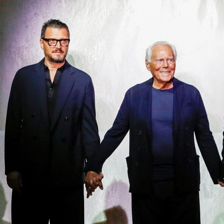 Giorgio Armani (centre) with Armani execs Leo Dell’Orco (right) and Gianluca Dell’Orco (left) at Milan Fashion Week in 2024. Photo: Reuters