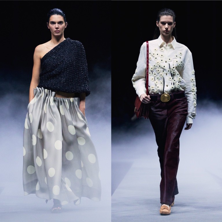 The Khaite spring/summer 2026 collection featured some great knitwear, as worn by Kendall Jenner (left), and embellished blouses paired with pony-hair trousers. Photos: Handout