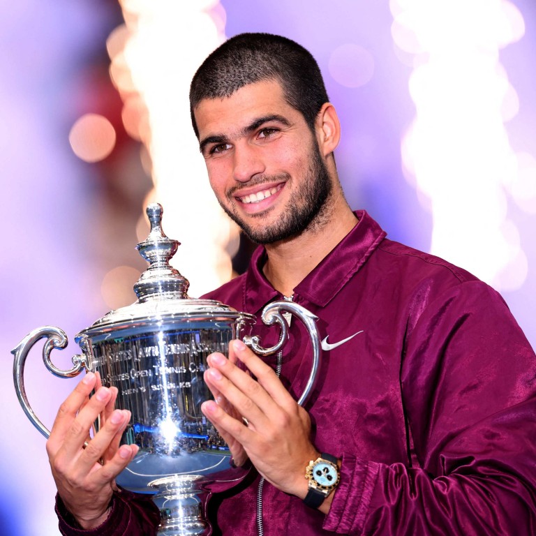 Carlos Alcaraz with his trophy and Tiffany blue Rolex Daytona at the 2025 US Open at USTA Billie Jean King National Tennis Center. Photo: AFP
