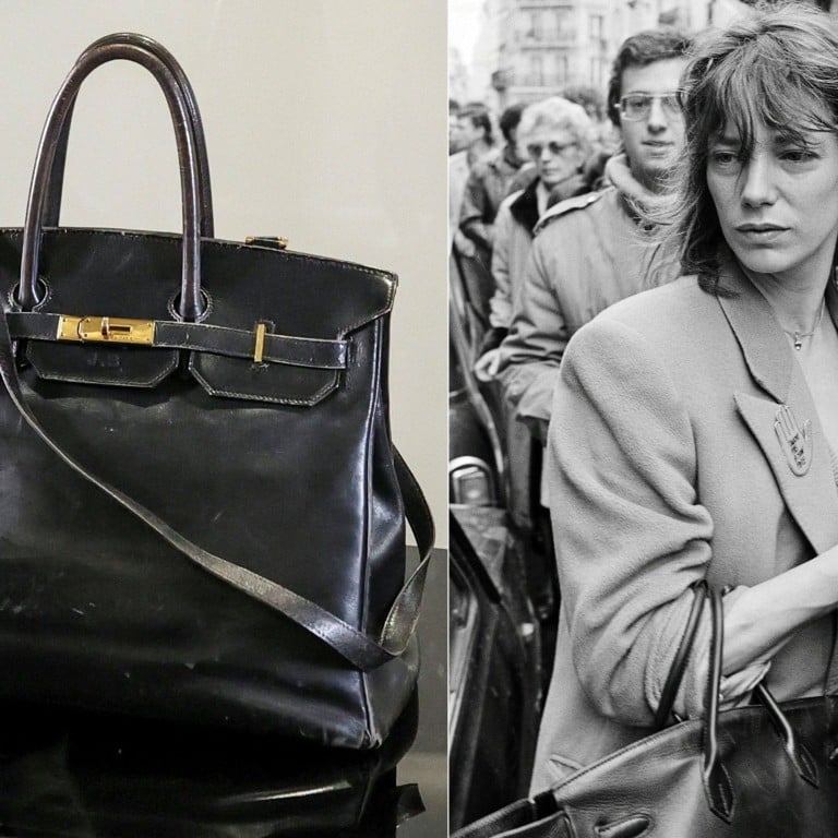 Jane Birkin, subject of the new book It Girl, in Paris in 1985 clutching the original Birkin bag designed for her by Hermès; and the same bag in July this year, when it was auctioned off for US$10 million. Photos: AFP