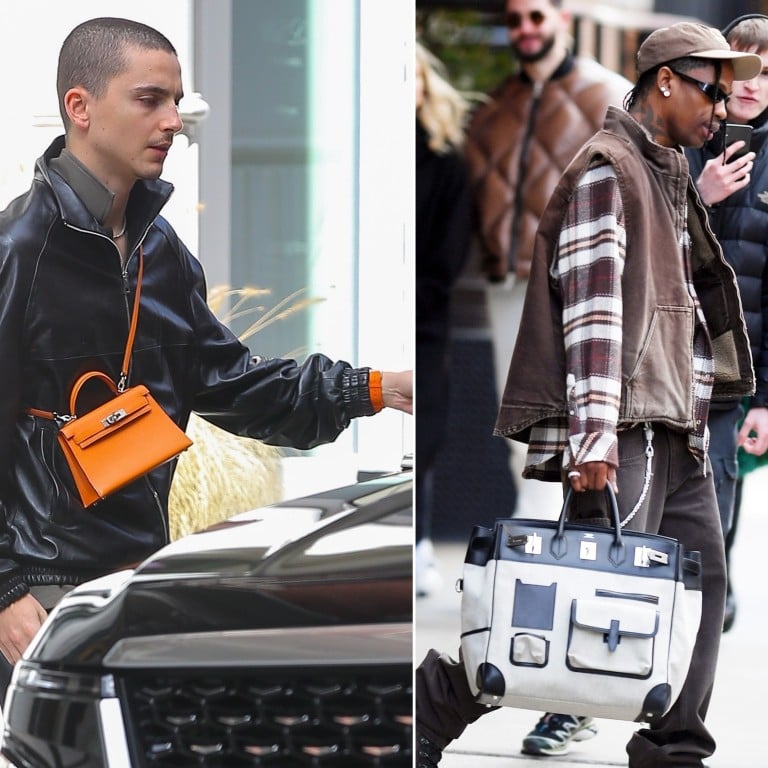 Timothée Chalamet with his orange Mini Kelly; Travis Scott with his Birkin Cargo HAC 40. Photos: Ulices Ramales; JosiahW/Backgrid
