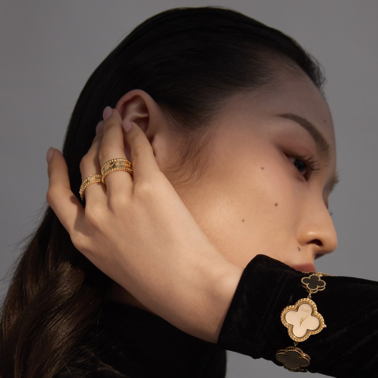 Rings and a watch from Van Cleef & Arpels’ latest Alhambra collection. Top: Shiatzy Chen. Photography: Kinwai Cheung