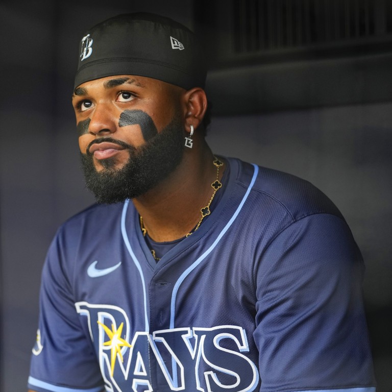 The Tampa Bay Rays’ Junior Caminero before a game in July, in New York. He’s wearing a Van Cleef & Arpels Alhambra necklace. Photo: Icon Sportswire via Getty Images