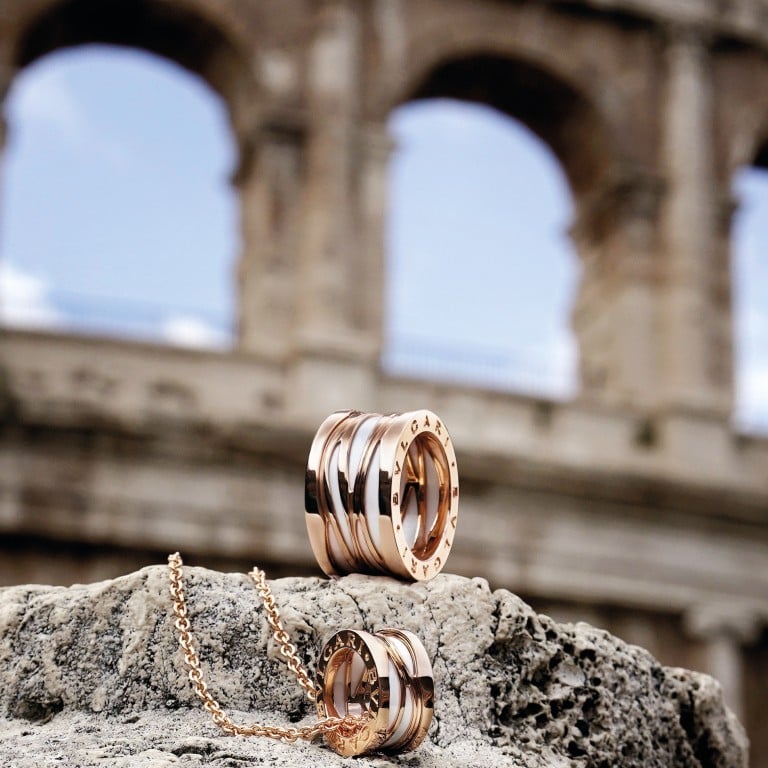 A Bulgari B.zero1 ring and pendant, photographed in front of the Colosseum in Rome that first inspired the collection. Photo: Handout