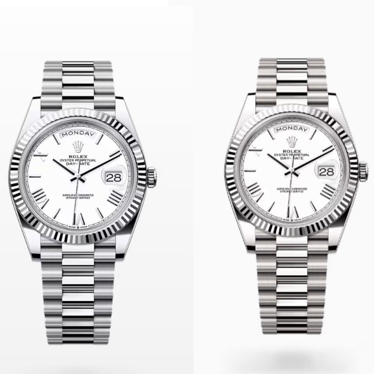 The 40mm Rolex Day-Date in white gold and platinum are mechanically identical – but the different metals result in a US$17,000 price difference. Photo: Handout
