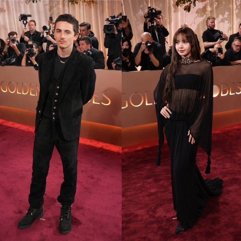 Timothée Chalamet and Lisa from Blackpink at the 2026 Golden Globes. Photos: Invision/AP, AFP