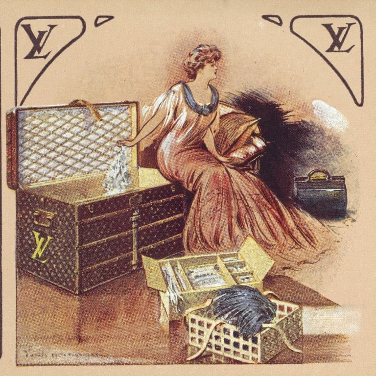 Advertising card, circa 1907. A woman places her personal belongings in a Louis Vuitton Monogram canvas trunk. Photo: Handout