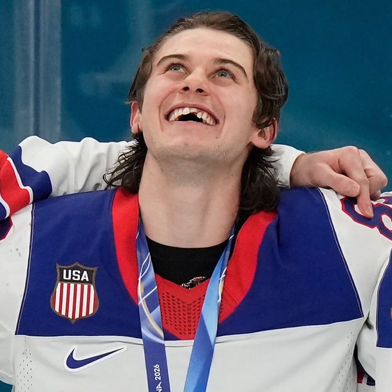 Jack Hughes receiving his gold medal after the US defeated Canada in the men’s ice hockey gold medal game at the 2026 Winter Olympics. Photo: AP