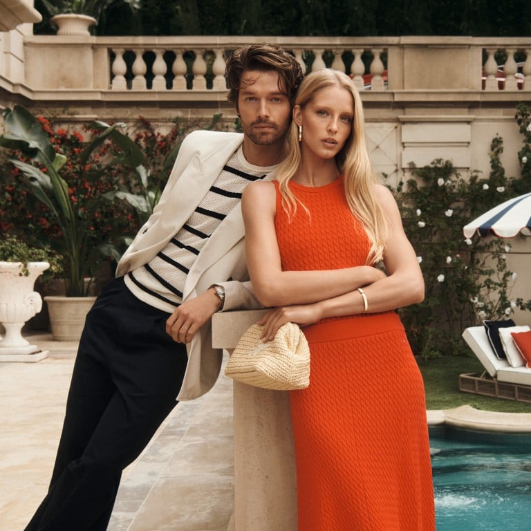 Abby Champion and Patrick Schwarzenegger model the quintessentially preppy Tommy Hilfiger spring 2026 collection by the pool. Photo: Handout, Outfits: Tommy Hilfiger
