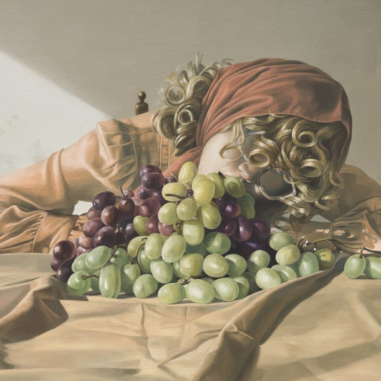 This woman’s mukbang (2024) by Brooklyn-based Korean artist Eunnam Hong shows a mysterious woman with flamboyantly curled hair that appears in much of her work – a woman that is in fact the artist herself, in costume. Photo: Kunning Huang