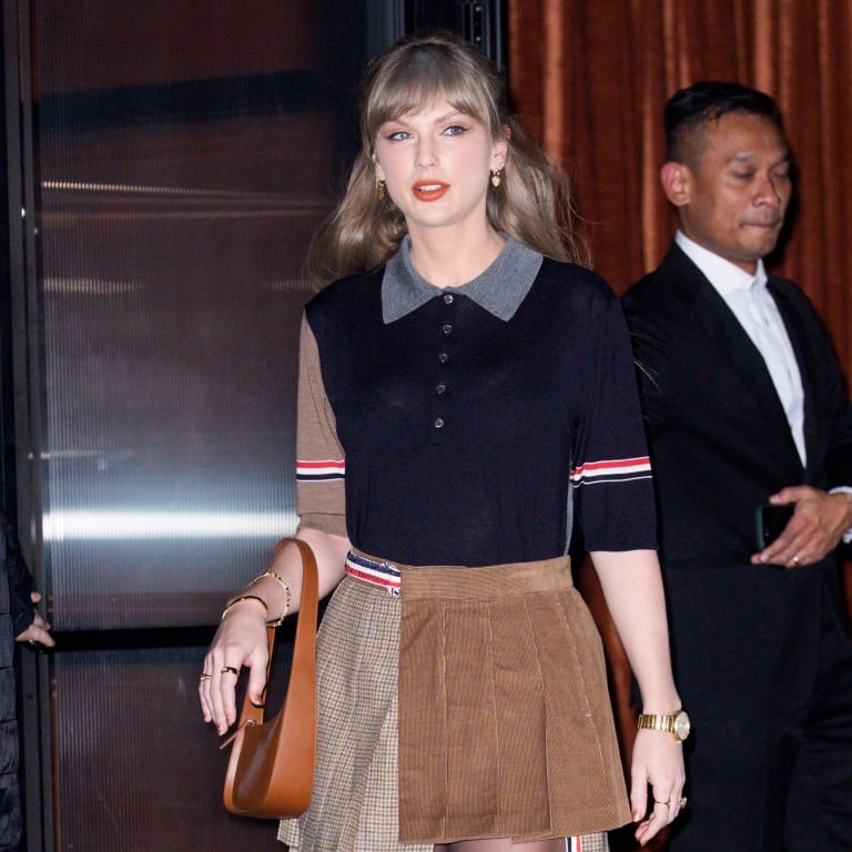 Taylor Swift wearing a Thom Browne polo shirt in New York last November. Photo: Star Max/GC Images