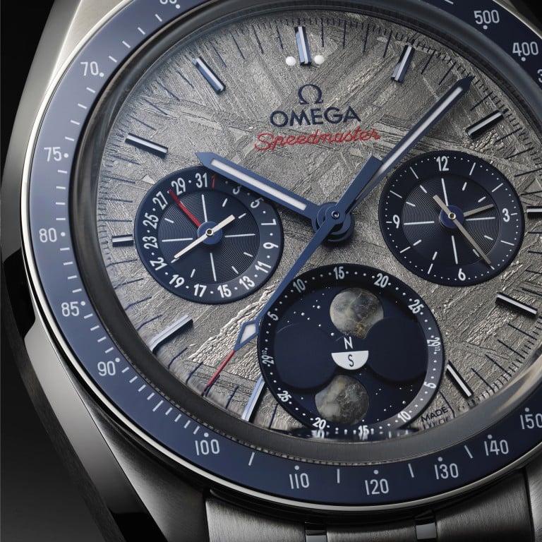 The Omega Speedmaster Moonphase Meteorite is made using iron meteorite and lunar meteorite. Photo: Handout