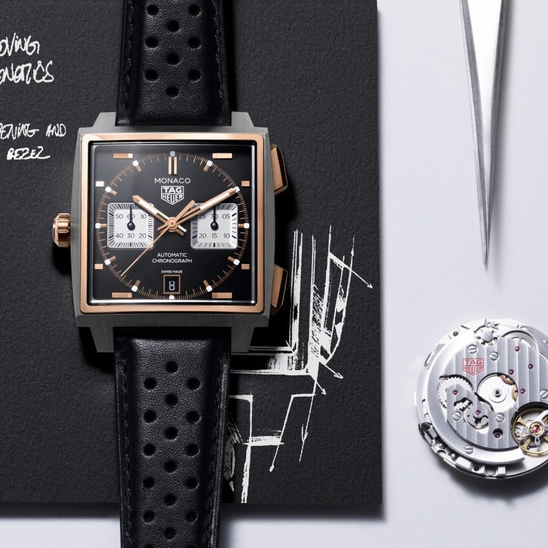Powered by the in-house Calibre TH20-11, the new Tag Heuer Monaco comes in three versions, including this one in a black dial with silver subdials and rose gold accents. Photo: Handout