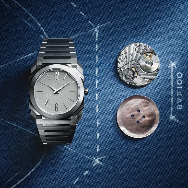 The new 37mm Bulgari Octo Finissimo with titanium case and bracelet, and its new self-winding Calibre BVF 100. Photo: Handout
