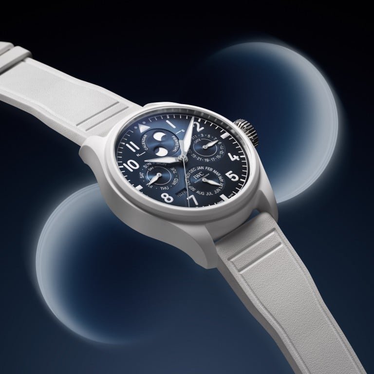 The white ceramic case of IWC Schaffhausen’s Big Pilot’s Watch Perpetual Calendar ProSet Le Petit Prince forms a striking contrast to the watch’s blue dial. Photo: Handout