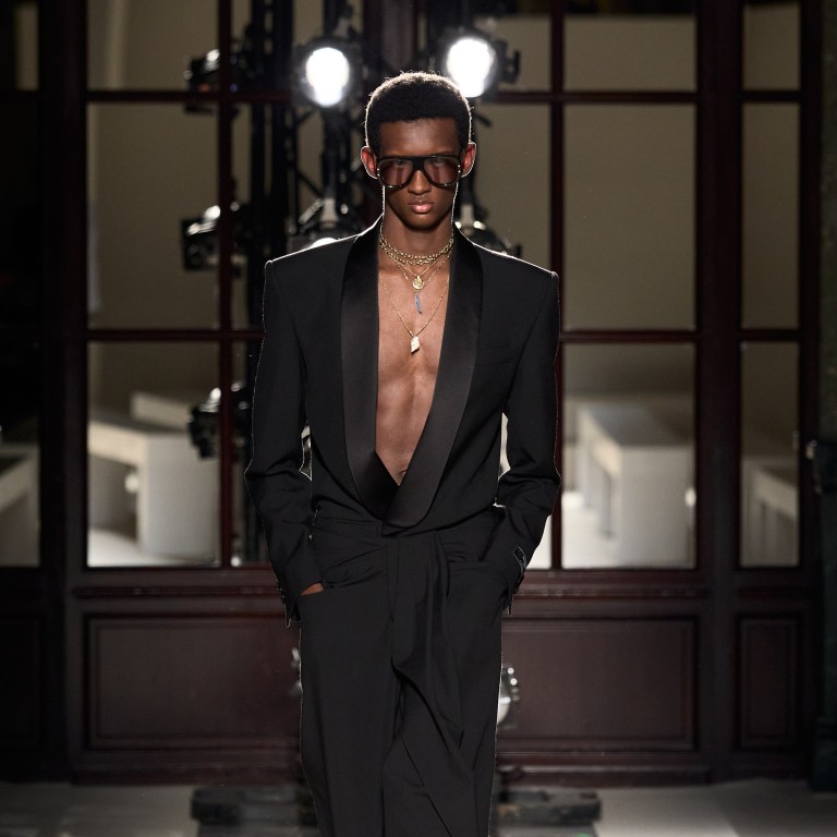 Shirtless suiting is in, and Balmain’s spring/summer 2026 collection shows the look at its best, with tailored jackets cut low at the chest. Photo: Handout