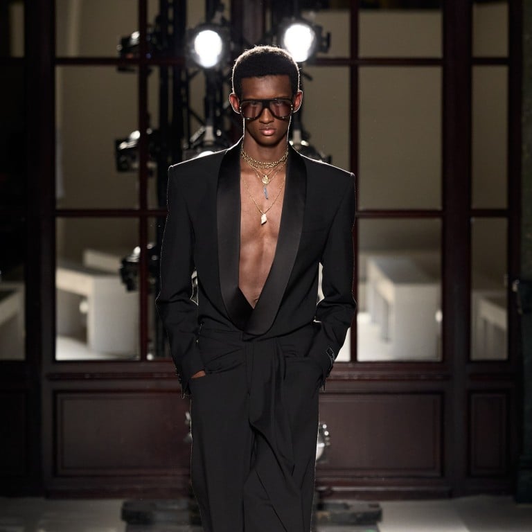 Shirtless suiting is in, and Balmain’s spring/summer 2026 collection shows the look at its best, with tailored jackets cut low at the chest. Photo: Handout