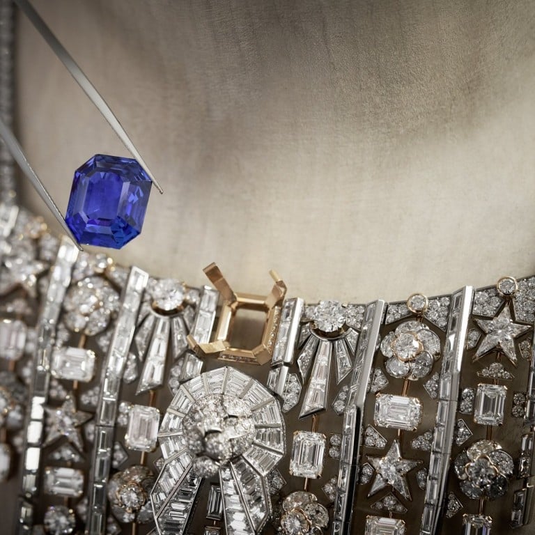 Adding the central sapphire to the Chanel Imprimé Lion necklace, one of the key pieces of Chanel’s Signes & Symboles high jewellery collection. Photo: Handout