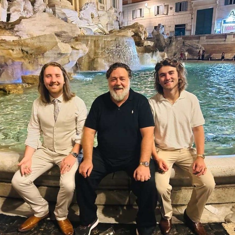 Russell Crowe and his two sons, Tennyson (right) and Charles (left), in Rome in 2024. Photo: @daniellespencerofficial/Instagram