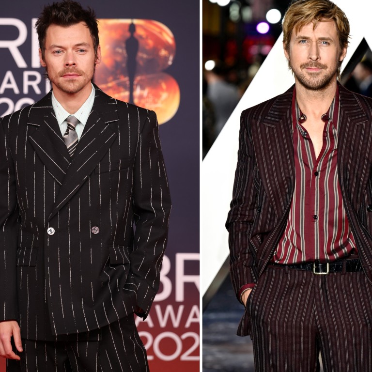 Harry Styles at the Brit Awards 2026, and Ryan Gosling at the March Project Hail Mary premiere in London. Both decided to go for pinstripes. Photos: Film Magic, Getty Images