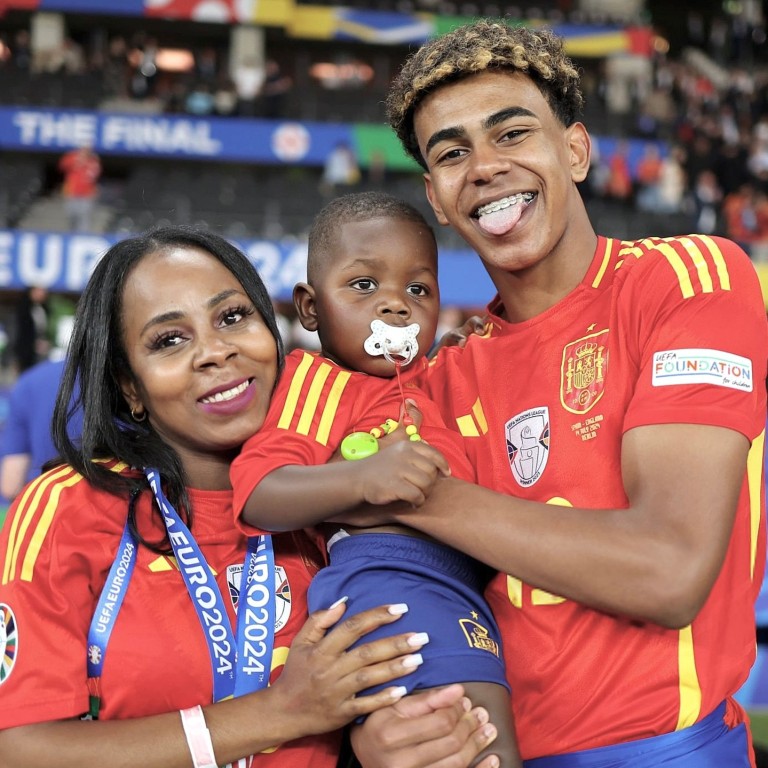 Lamine Yamal with mum Sheila Ebana and brother Keyne, who went viral during the 2026 Fifa World Cup. Photo: @forblaugrana/Instagram